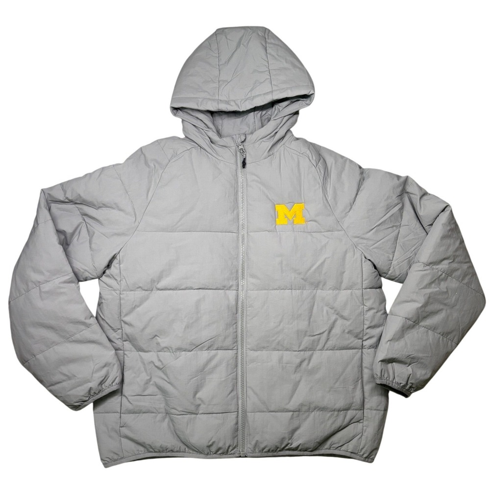 Antigua Puffer Jacket Women L Gray Michigan Wolverines NCAA‎ Hooded Full Zip NWT